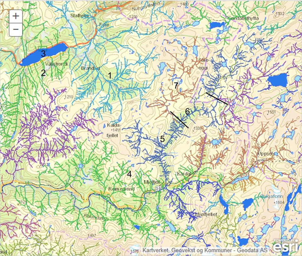 Figur 4. Vannforekomster i og rundt Mjølfjell og Brandset skytefelt (hentet fra www.vann-nett.no). Tabell 1. Vannforekomster i og rundt Mjølfjell og Brandset skytefelt. Nummerering viser til figur 4.