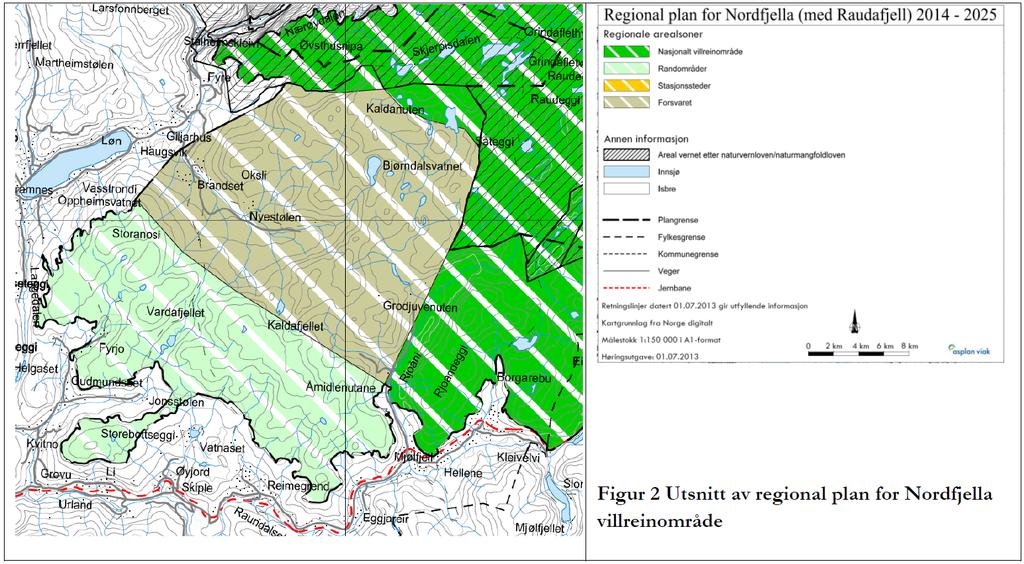 Figur 5. Utsnitt av regional plan for Nordfjella villreinområde (hentet fra varsel om planoppstart for områderegulering av Mjølfjell og Brandset skyte- og øvingsfelt). 2.