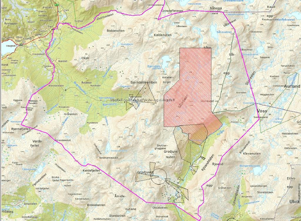 Figur 1. Mjølfjell og Brandset skyte- og øvingsfelt med skytebaner og anlegg (skraverte areal). 2.