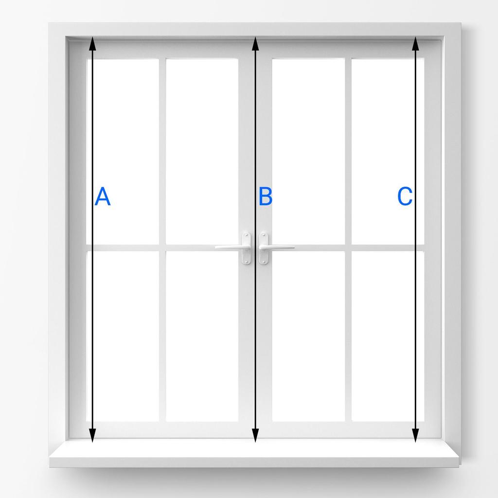 side 5 / 9 Bredde = (A + B + C) / 3 + 64 mm (2x skinnene) Høyde For å få den nøyaktige størrelsen, anbefaler vi å måle bredden i vindusrammen på minst tre steder i forskjellige høyder.