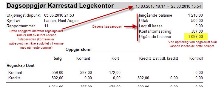 Første side er selve dagsoppgjøret. Øverst er datoer, nummerering, tidspunkt for utskrift og hvem som har kjørt rapporten. Øverst til høyre er selve kassaoppgjøret.