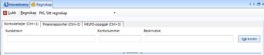 13. REGNSKAP Modulen Regnskap må startes fra hovedmenyen. Bildet har fanene Kontodetaljer, Finansrapporter og HELFO-oppgjør. 13.1.1. Kontodetaljer Her kan du søke opp transaksjonene til en kunde. 13.1.2.