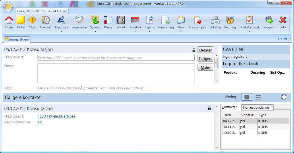 Med knappen Tilbakestill til WinMed2 vil en journal se slik ut: Tilbakestill til WinMed3 tar deg tilbake til