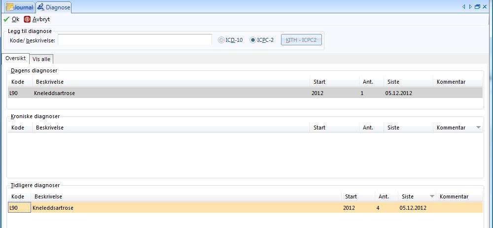 Øverst kan du enkelt søke opp en diagnose enten ved hjelp av ICPC2 koden eller navnet på diagnosen i søkefeltet.