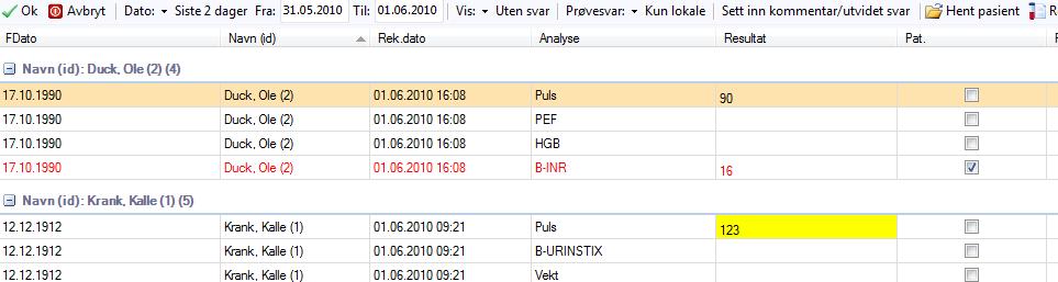 Når du har fylt ut svar på prøvene, klikker du Ok for å lukke.