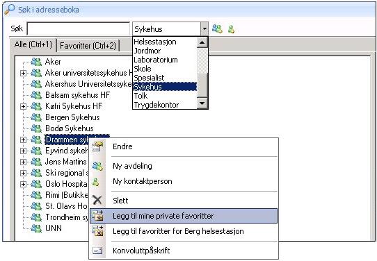 Du ser en liste over sykehus. Du kan lage en kortliste med de sykehusene du bruker mest ved å høyreklikke og velge Legg til mine private favoritter.