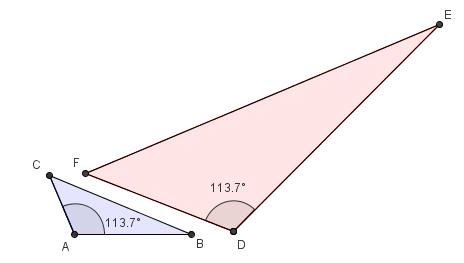 13) Dersom vi flytter punktet A på linjestykket AE, kan de to trekantene på figuren bli formlike. Hvilket krav må vi stille til linjestykkene AC og DE for at de to trekantene skal være formlike?