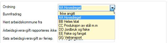 Ordning Her finner du oversikt over de ulike ordningene med tilhørende satser. Bunnfradrag Du velger den ordningen som firmaet går under. Denne ordning benyttes på alle ansatte som ikke er overstyrt.