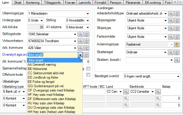 Virksomheter med flere avgiftsordninger Systemet tar hensyn til det du har angitt i feltet Hent arbeidskommune fra i Systemparameter Satser.