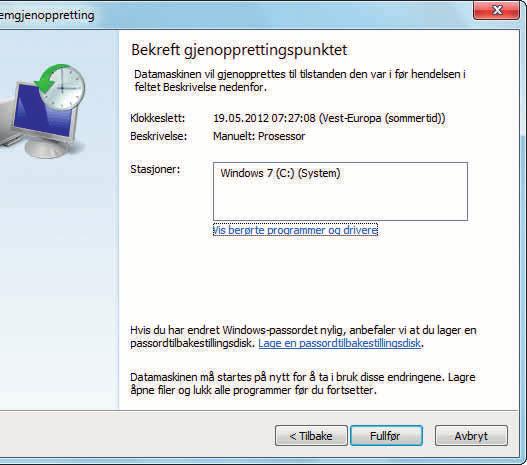 Hvis du har endret Windows-passordet ditt siden gjenopprettingspunktet ble opprettet, bør du klikke på Lage en