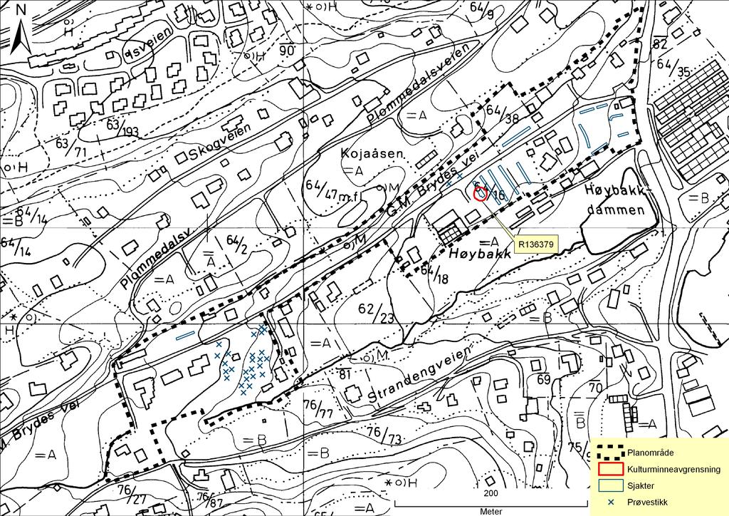 Illustrasjon 2: Kartet viser gravde sjakter, prøvestikk, planområde og kulturminneavgrensning. ØK-kart: CL 043-5-4 og CL 042-5-2.