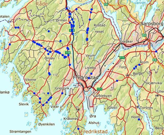 Det påkjøres en betydelig andel elg som ikke blir registrert som trafikkdrept i SSB. I figur 18 er alle registrerte elgpåkjørsler langs veg og jernbane i perioden 1. april 2012-31. mars 2019 avmerket.