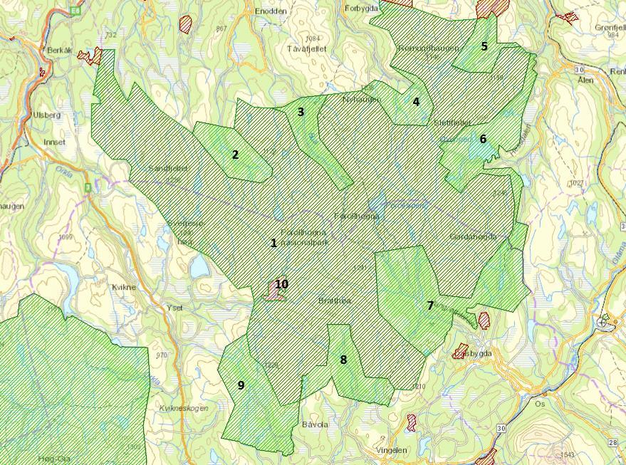 1. Innledning 1.1 Verneområdene Forollhogna nasjonalpark og 8 tilhørende landskapsvernområder ble vernet 21.desember 2001.