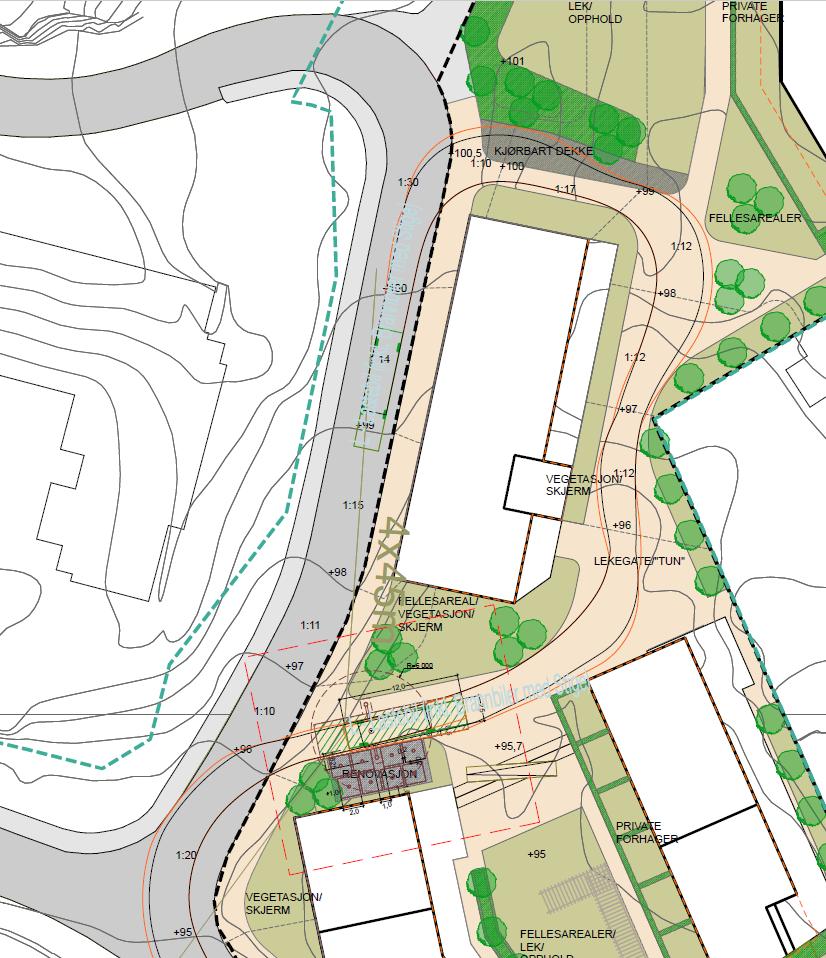 2.8. Renovasjon Figur 12 viser en oversikt over hvor det er planlagt renovasjonspunkt. Myrdalshovden Figur 12 Skisse av renovasjonspunkt (oktober 2018). Kilde: Arkitektgruppen Cubus.