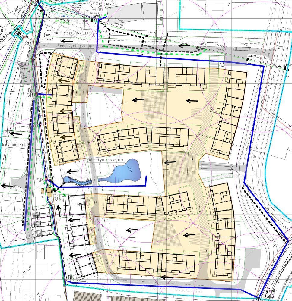 Side 4 av 6 VA-PLAN Figur 2: Planområde med foreslåtte traséer. 3.1 Vannforsyning og slokkevann Vedlegg HB001 viser forslag til nye traséer. Tilknytning vannforsyning er planlagt i kumgruppe 1.2.2. Det etableres en ringforbindelse rundt området.