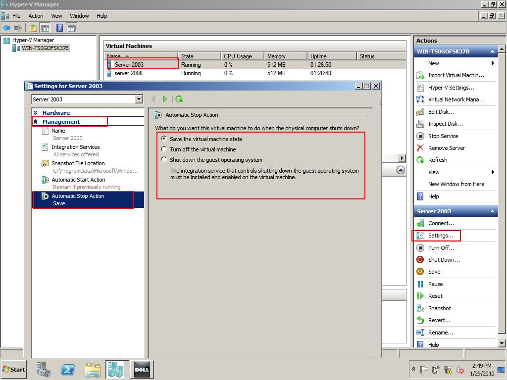 Configuring Guest Operating System Shutdown on the Client-Side To configure the guest operating system shutdown: 1 Start the Hyper V Manager on the client side.