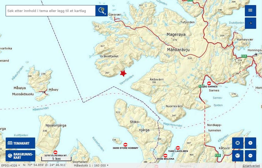 2. Materiale og metode Planlagt anleggsplassering for lokaliteten er i Nordkapp Kommune, Finnmark. Området ligger nærmere bestemt på vestsiden av Vannfjorden, på vestsiden av Magerøysundet.