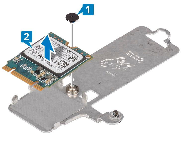4 Snu varmeplaten. 5 Fjern (M2x2)-skruen som fester SSD-disken til varmeplaten [1]. 6 Løft SSD-disken fra varmeplaten [2]. Installing the M.