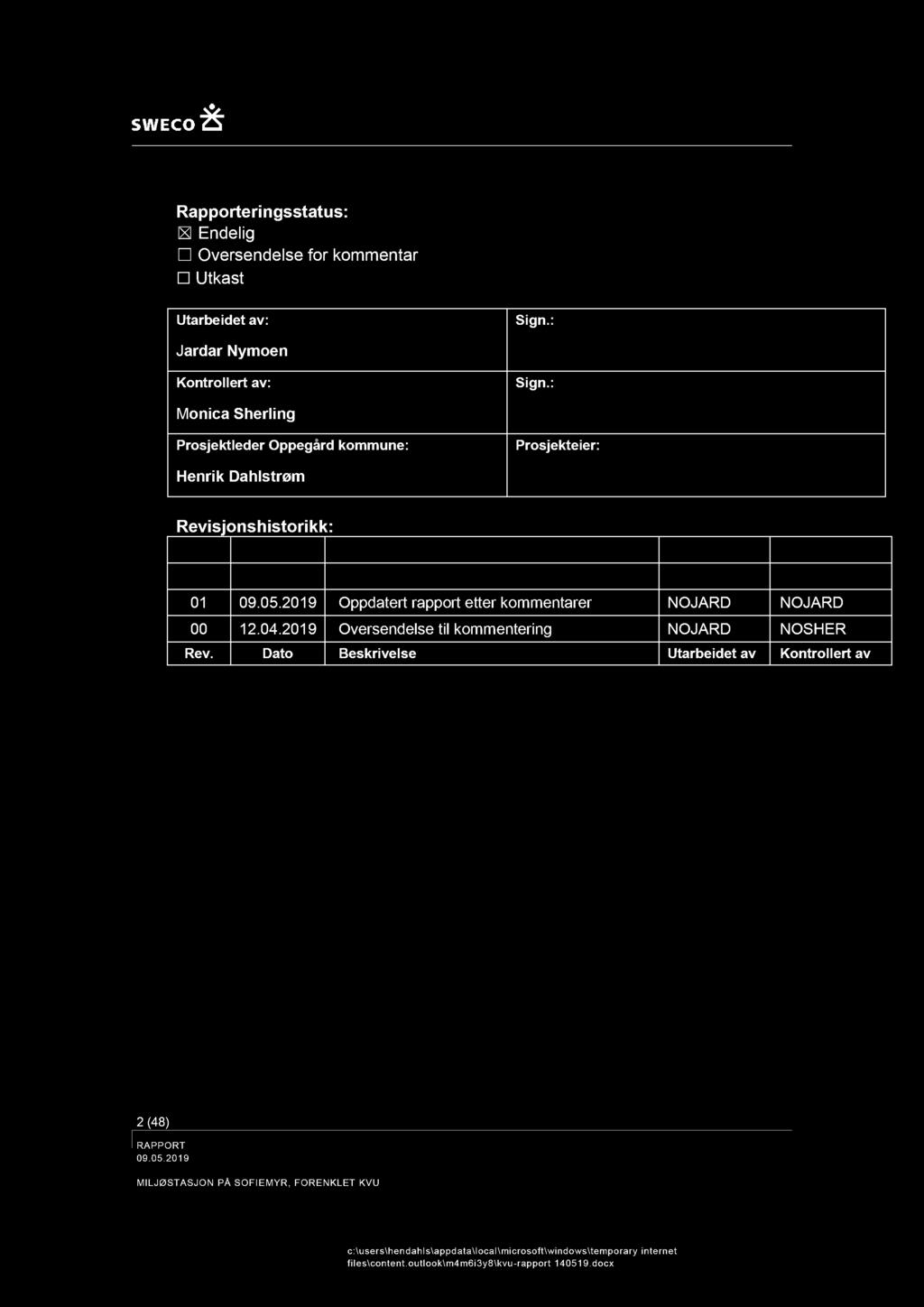 Rarteringsstatus: Endelig Oversendelse fr kmmentar Utkast Utarbeidet av: Sign.: J ardar Nymen Kntrllert av: Sign.