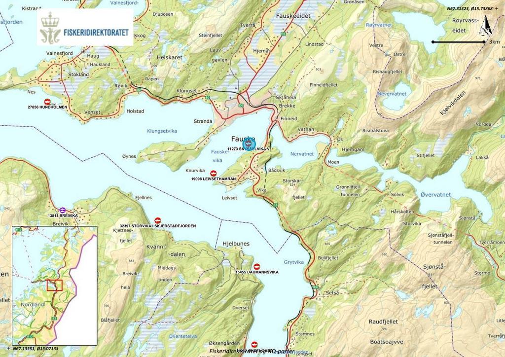 2. Materiale og metode 2.1 Område og stasjonsvalg Lokaliteten ligger i Fauskevika i Fauske kommune, Nordland. Bunnen under anlegget skrår mot nordvest og ligger på en dybde på ca. 28-130 meter.