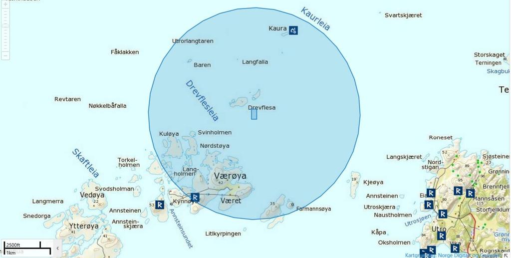 Dette er Ekkerhovden (Kinderøybukta), med vernetype AUT, og Kaura fyrstasjon med vernestatus Vedtaksfredet. Begge kulturminnene ligger over 2 km unna lokalitet Drevflesa. Fig 11.