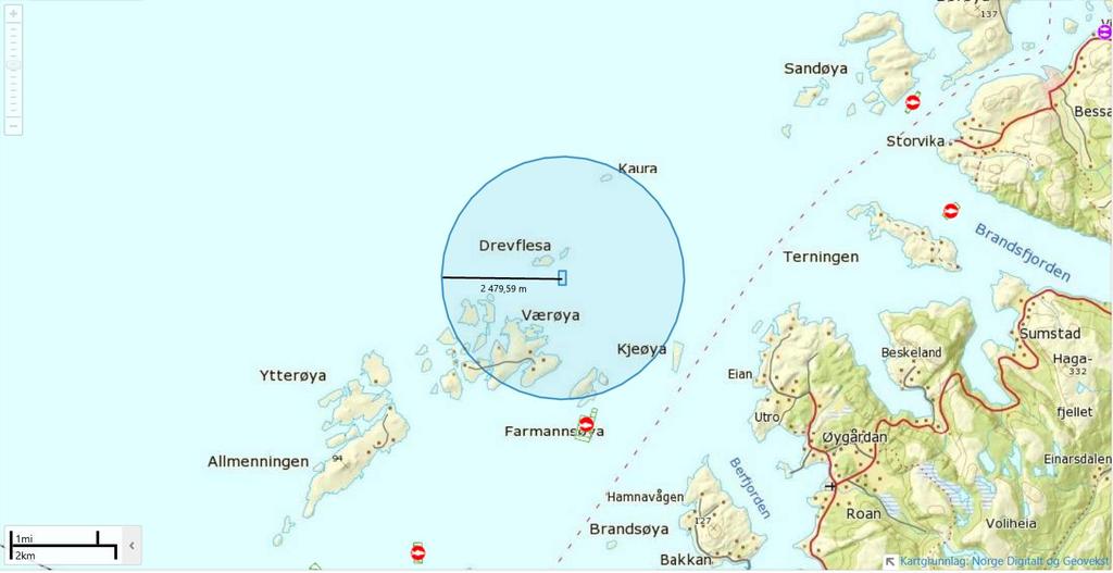 Fig. 3. På Fiskeridirektoratets database er det ikke registrert noen matfisklokaliteter og settefiskanlegg innenfor en radius på 2,5 km fra lokaliteten Drevflesa.