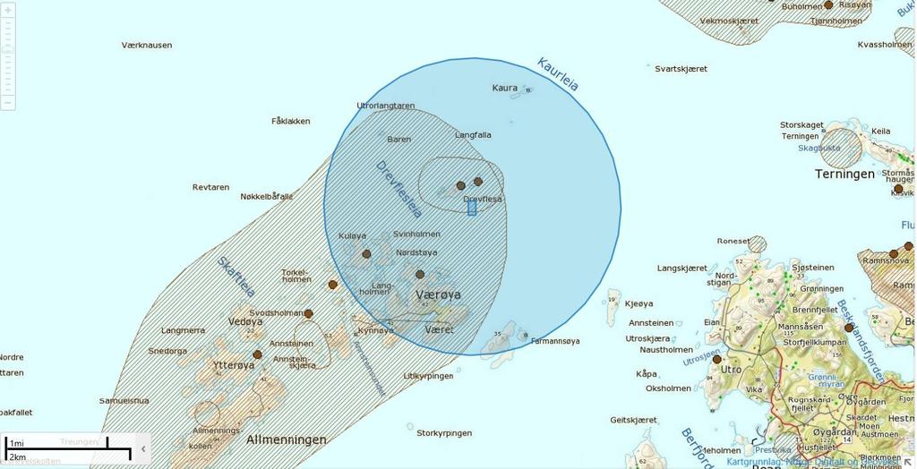 Øyriket som Drevflesa består av er av Milljødirektoratet betegnet som et viktig yngleområde og beiteområde for flere fuglearter (se figur 9).