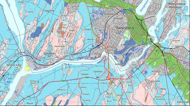 12 av 33 Figur 3-3: Kvartærgeologisk kart for strekningen Rolvsøy-Klavestad. (Kilde: NGU.