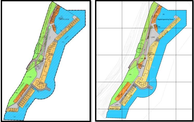 Figur 3: Gjeldene reguleringsplan (tv) og forslag til reguleringsendring(th).
