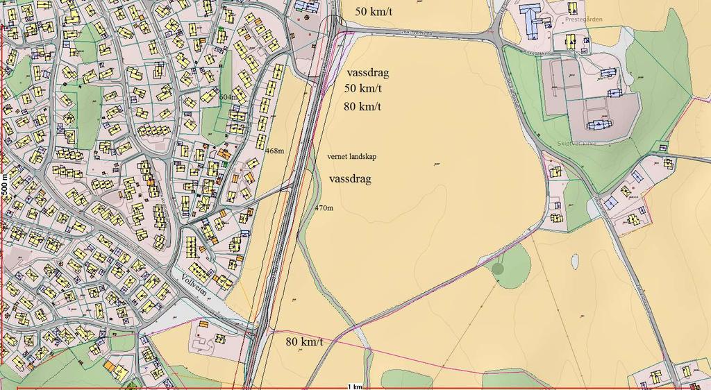 Detaljkart langs fv115 sørover kart 6-8 1A Voll Vestside: mellom Tverrlinna og Vollveien ligger dyrka mark.