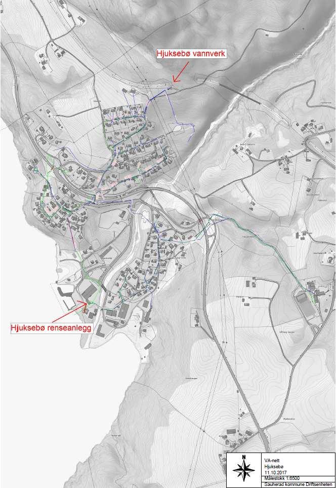 Figur 5 Vann og avløpsnett i området. Kart fra Sauherad kommune.