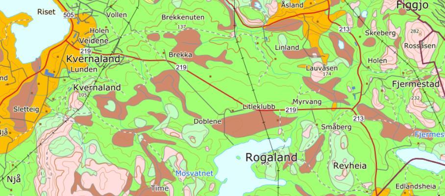 12 GJENNOMGANG AV LEDNINGSTRACE Figur 3.2-2: NGU kart visende de geologiske avleiringer i området hvor traséen er plas sert. Ledningstracete er forsøkt inntegnet med rødt.