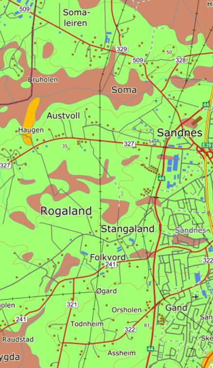 20 GJENNOMGANG AV LEDNINGSTRACE Figur 3.6-2: NGU kart visende de geologiske avleiringer i området hvor traséen er plassert. Ledningstracete er forsøkt inntegnet med rødt.