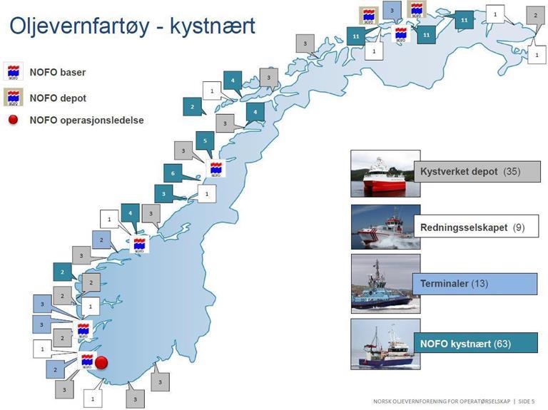 NOFOs utstyr for barriere 3 til 5 er lokalisert på basene Stavanger, Mongstad, Kristiansund, Sandnessjøen og Hammerfest, det inkluderer oppsamlings- opptaks-, kommando- og støttefartøy.