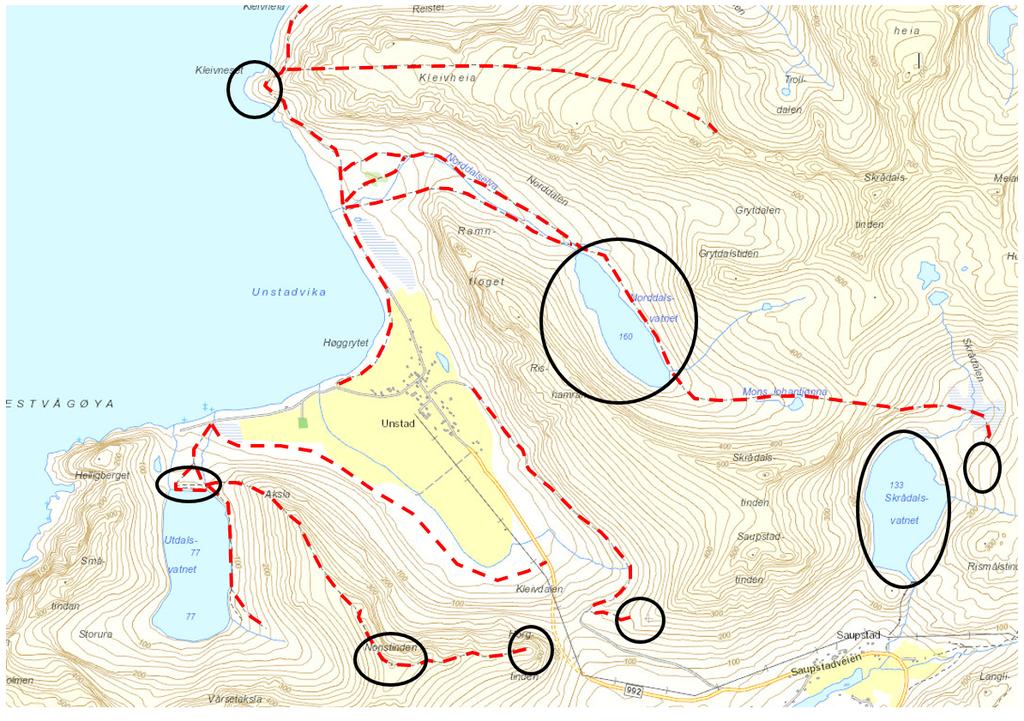 Figur 5: Kart som viser etablerte turstier/-veger og turmål innenfor influensområdet Innenfor influensområdet finnes turveger (gamle Unstadveien og stien til Eggum) og flere stier for ferdsel til