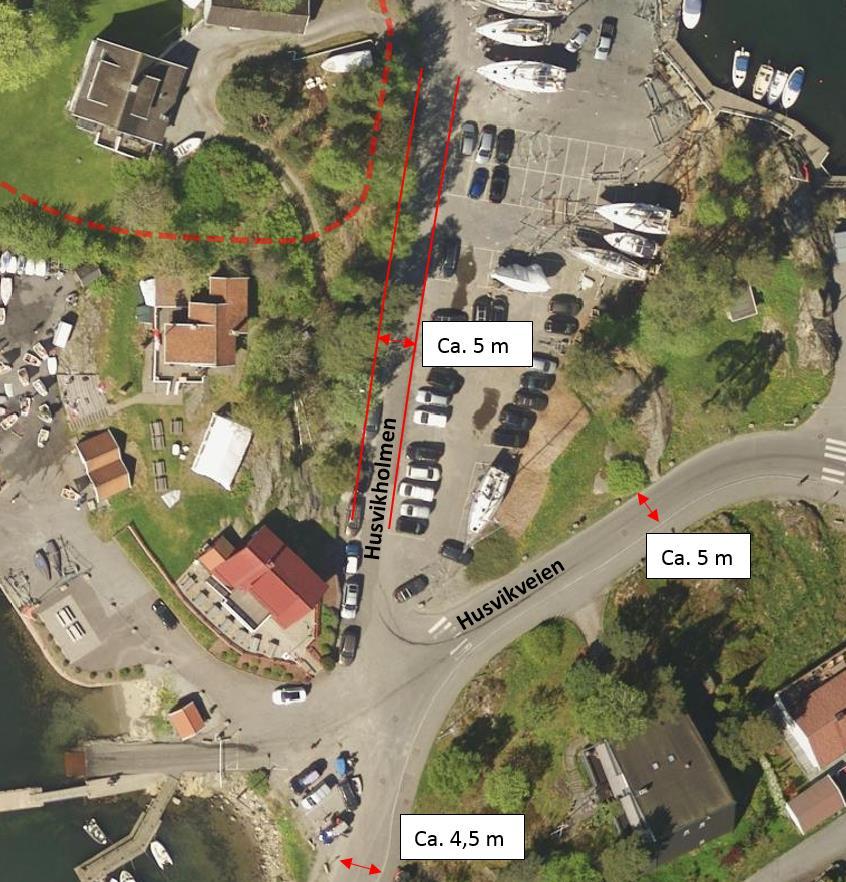 2.1 Veistandard Adkomst til planområdet skal ligge i veien Husvikholmen, som består av én felles, asfaltert flate for både veien og parkeringsområdet. Husvikholmen er ca.