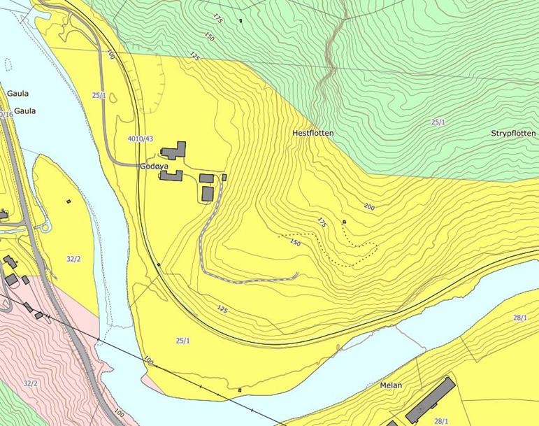 Beliggenhet Omsøkt eiendom ligger på Godøien, om lag 500km sør for Støren. Figur 1: Kvartærgeologisk kart. Gult er elveavsetning.