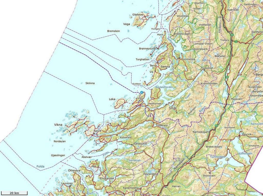 2. Områdebeskrivelse Målepunktet for Austra ligger i Bindal kommune, Nordland. Målepunktet ligger langs norskekysten på nordøstsiden av Austra.