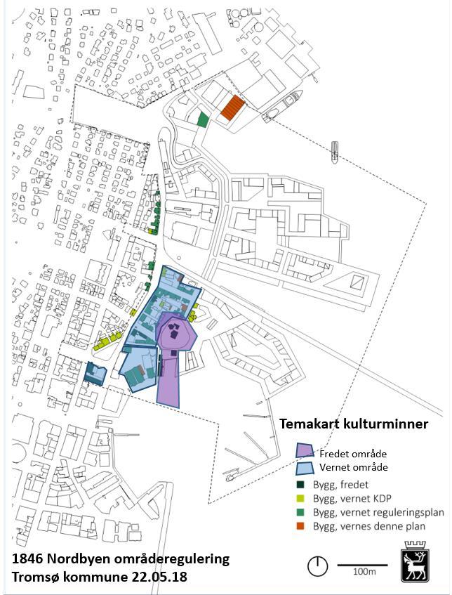 Blå: ny bebyggelse skal tilpasses og innordne seg verneverdig bebyggelse i nærmeste omgivelser