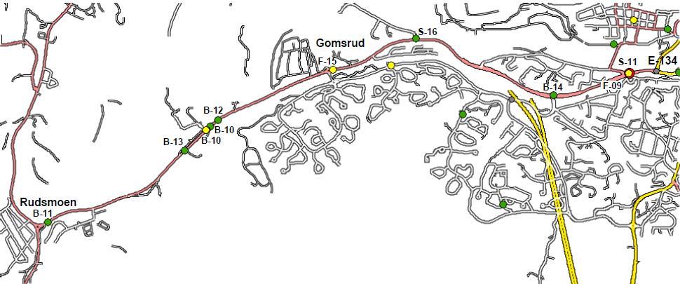 6 1.4 Trafikkulykker i Gomsrudveien I perioden 2009-2016 har det vært 10 trafikkulykker med personskade i Gomsrudveien mellom Kongsberg sentrum og Rudsmoen, hvorav 1 dødsulykke (sykkelulykke i 2011)