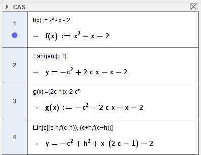 I CAS ser vi at tangenten blir ( ) y = c + cx x = c 1 x c Linja l gjennom punktene ( c h, f( c h) og ( c h, f( c h) ( 1) y = c x c