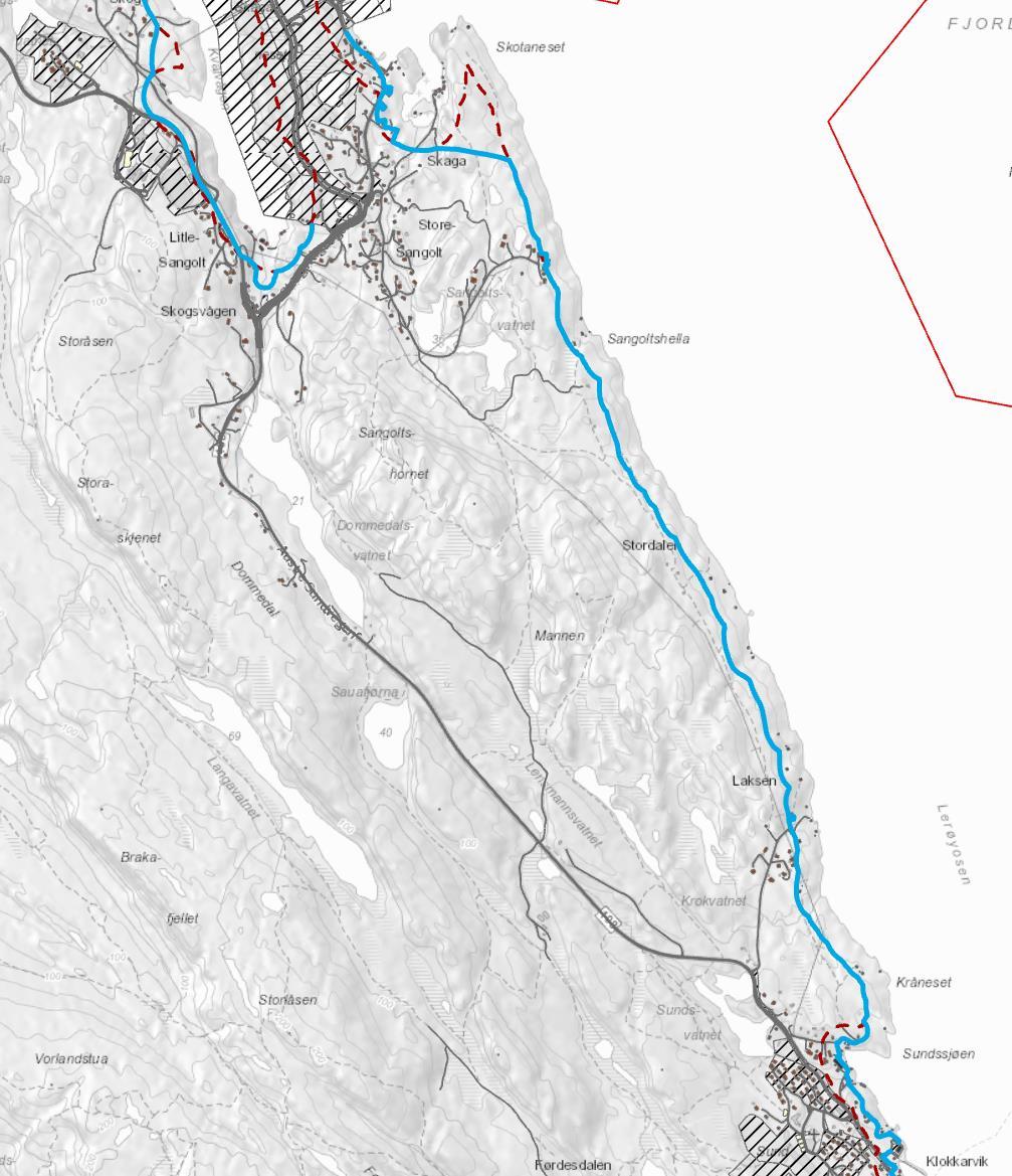 3.2 Område 2 Skotaneset til Klokkarvik Figur 3. Område 2 Skotaneset-Klokkarvik. Raud stipla linje = 100-metersbeltet. Blå linje = forslag til funksjonell strandsone.