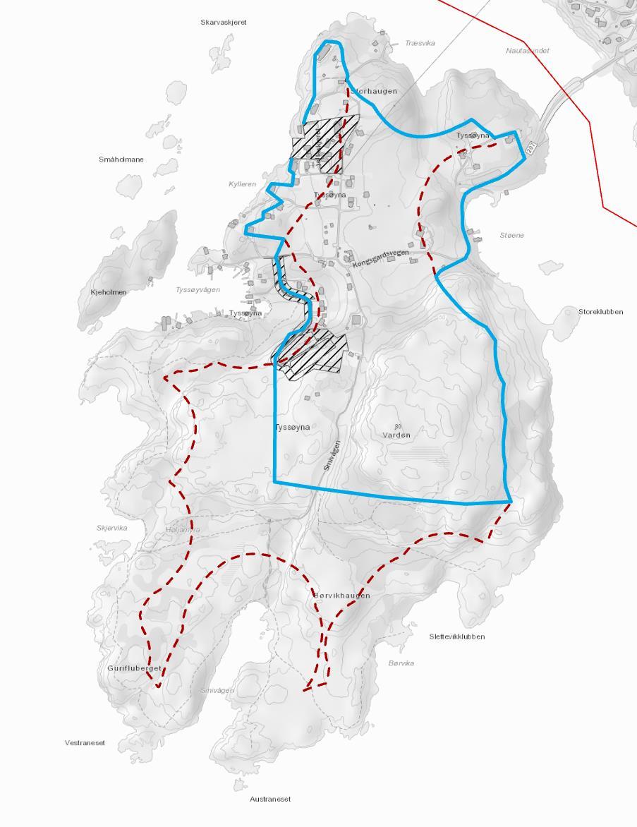 3.11 Område 11 Tyssøyna Figur 12. Område 11 Tyssøyna. Raud stipla linje = 100-metersbeltet. Blå linje = forslag til funksjonell strandsone.