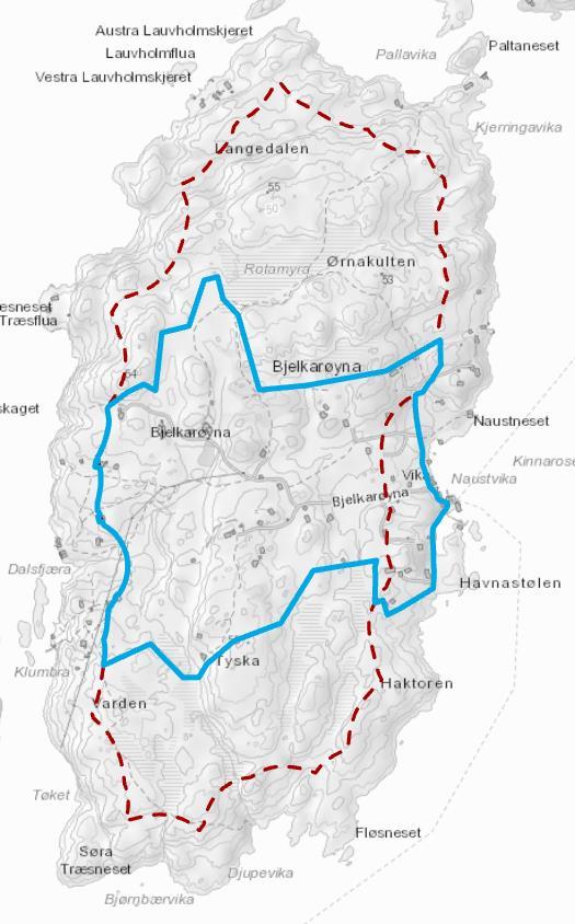 3.13 Område 13 Bjelkarøy Figur 14. Område 13 Bjelkarøy. Raud stipla linje = 100-metersbeltet. Blå linje = forslag til funksjonell strandsone.