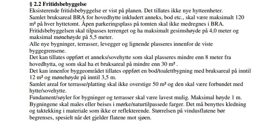 dispensasjon fra reguleringsplanen 2.4. Annekset er også betinget av dispensasjon, men da fra bestemmelser som følger av gjeldende reguleringsplan 2.2. I tillegg mangler det dispensasjon fra arealformålet for oppføring av anneks.