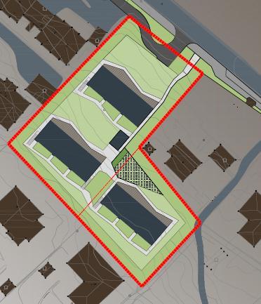 Vegen ligg på høgdekote +40 m og det næraste bygget har første etasje to meter høgare enn vegen. Dei to bakre bygga har første etasje på høgdekote +48 m.