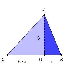 Oppgåve 8 (4 poeng) ABC har grunnlinje AB 8. Punktet D ligg på AB. CD 6 og BDC 90. Sjå skissa til høgre.