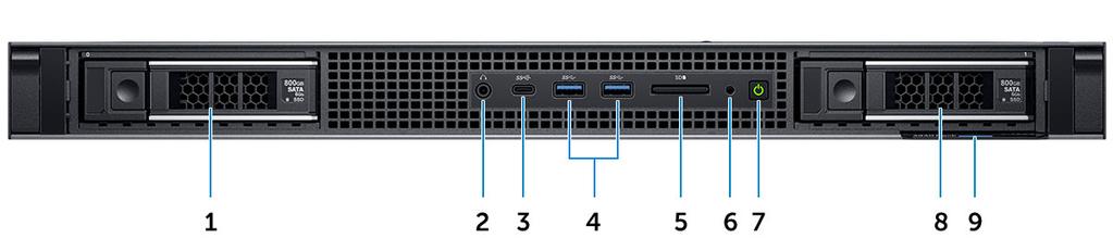 2 Kabinettoversikt Sett forfra 1 Harddisk spor 0 2 Lydport 3 USB Type-C 3.1 Gen2-port 4 USB Type-A 3.