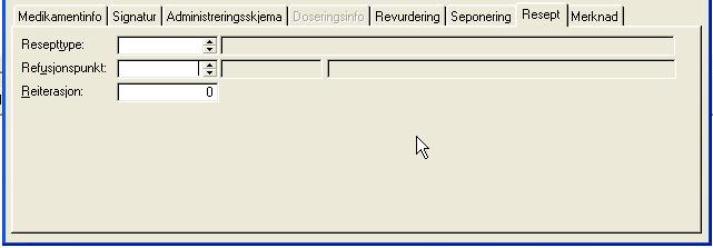 Årsak Legg inn årsak til seponering. Hentes fra kodeverk. Kommentar Fritekstfelt Fanen resept Resepttype: Her velges hvilken type resept det er. Refusjonspunkt: Benyttes ved utskrift av f.