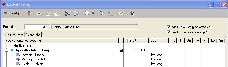 Hvis startdatoen for doseringen er den samme som for ordinering, vil datoen stå ut for medisinen. Hvis det er en annen dato, vil den stå ut for doseringen. Fanen Dosering i medisinbildet.